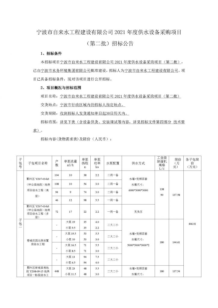 宁波市自来水工程建设有限公司2021年度供水设备采购项目（第二批）招标公告