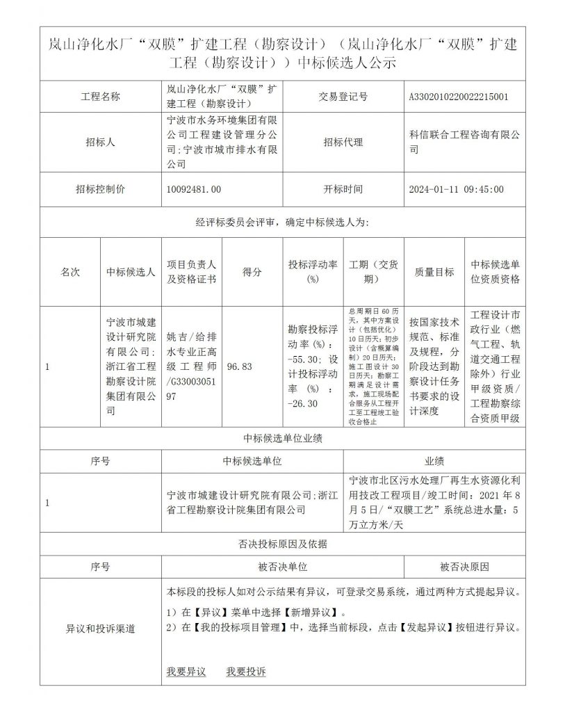 岚山净化水厂“双膜”扩建工程（勘察设计）（岚山净化水厂“双膜”扩建工程（勘察设计））中标候选人公示