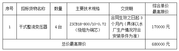 毛家坪水厂干式变压器（重发）招标公告